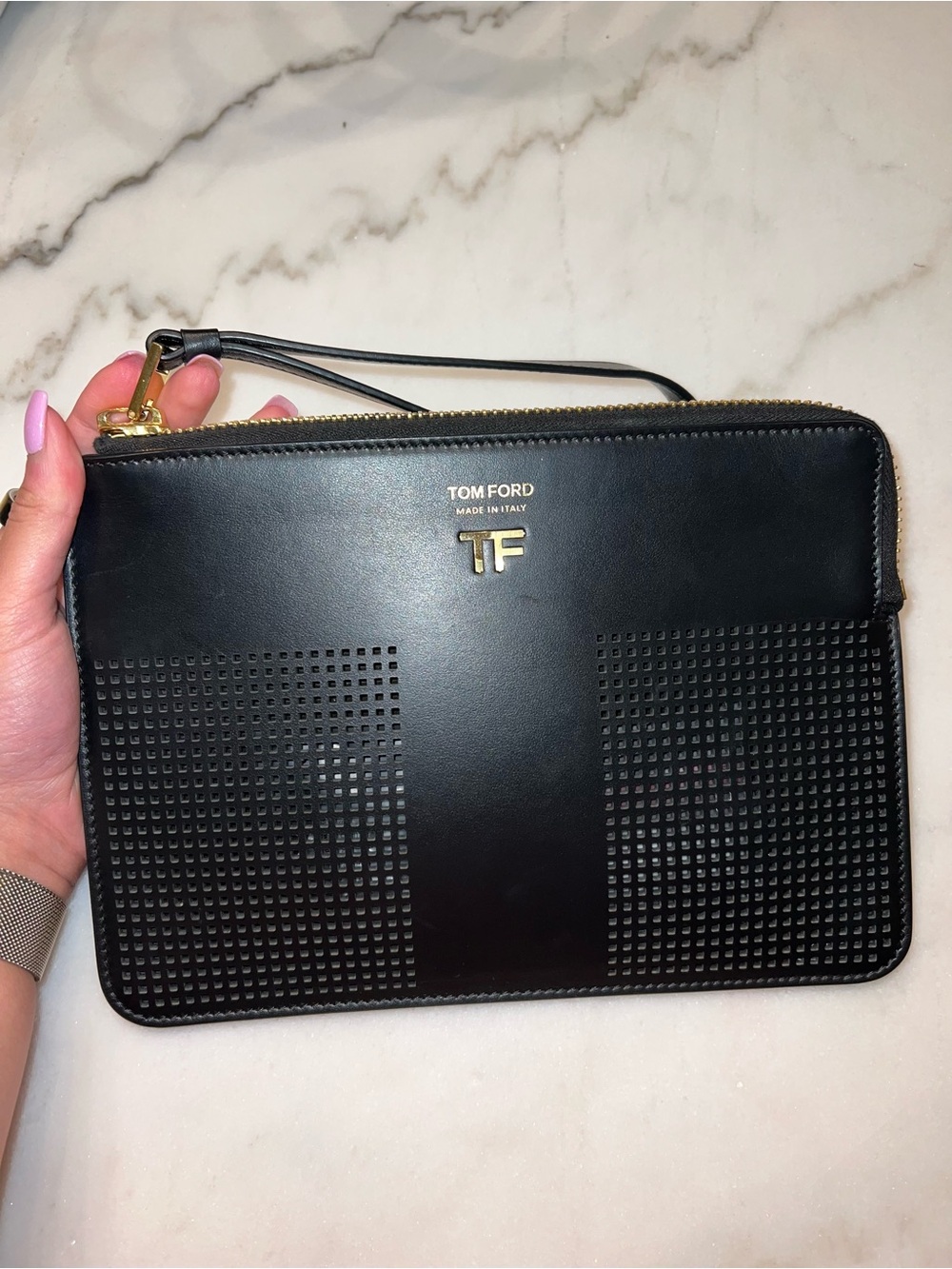 Tom Ford Black Leather Perforated TF Wristlet Pouch with Gold Hardware